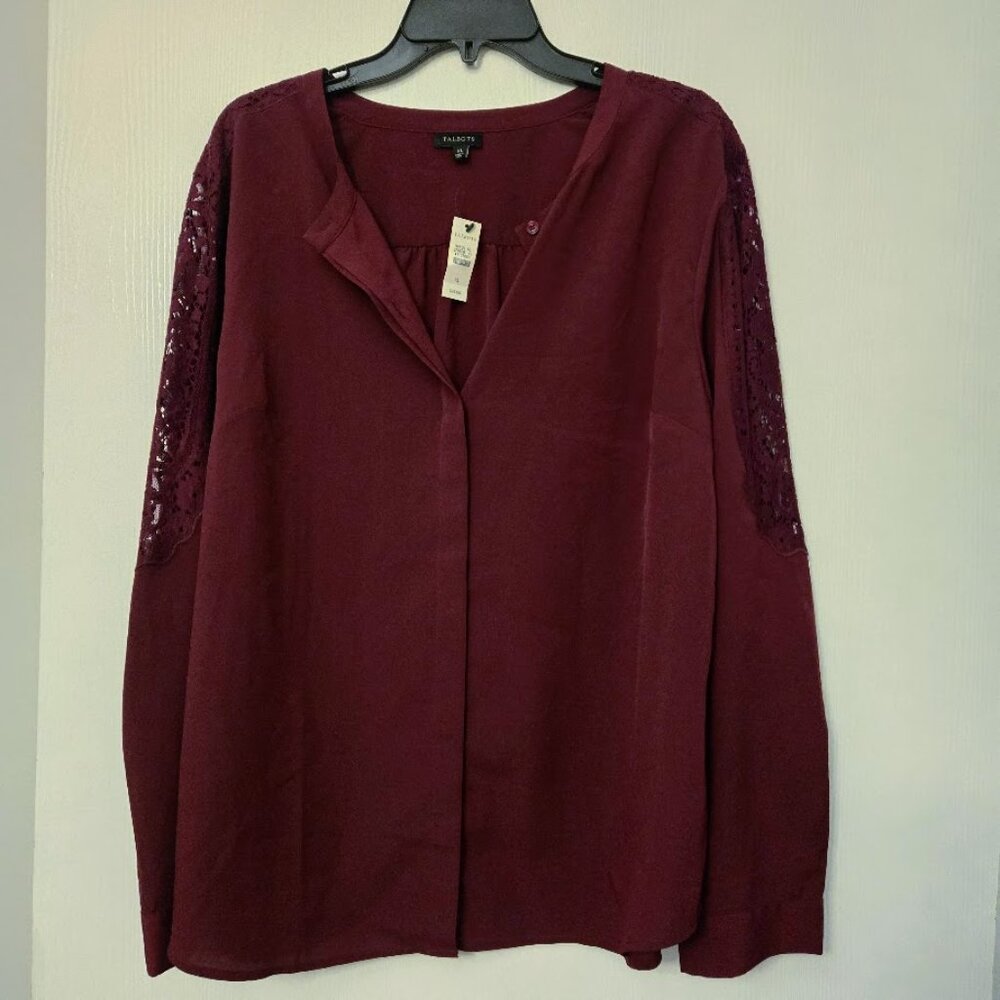 NWT Talbots burgundy blouse top with lace cutout sleeves XL